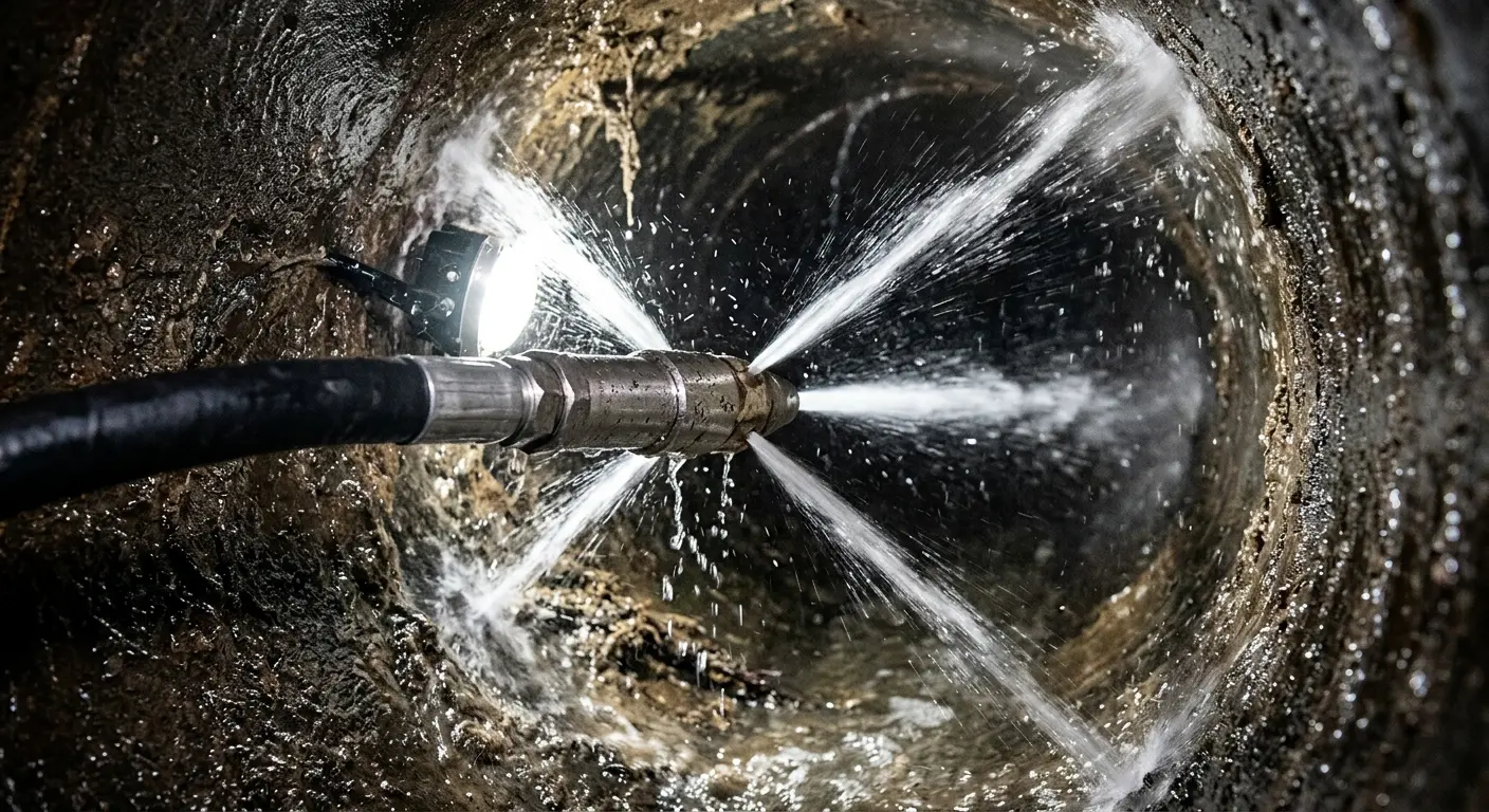High-pressure hydro jetting nozzle cleaning sewer pipe for Emergency Drain Service in Fort Oglethorpe