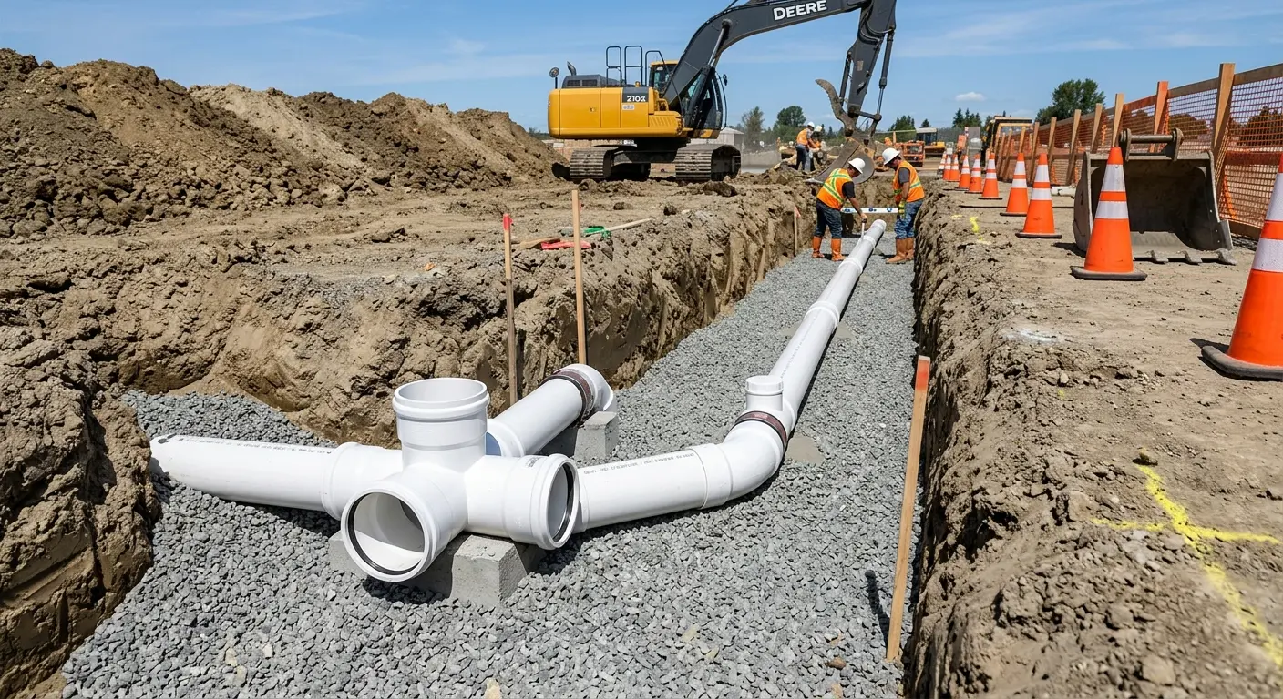 New PVC sewer pipe installation in open trench for Commercial Drain Cleaning in Fort Oglethorpe