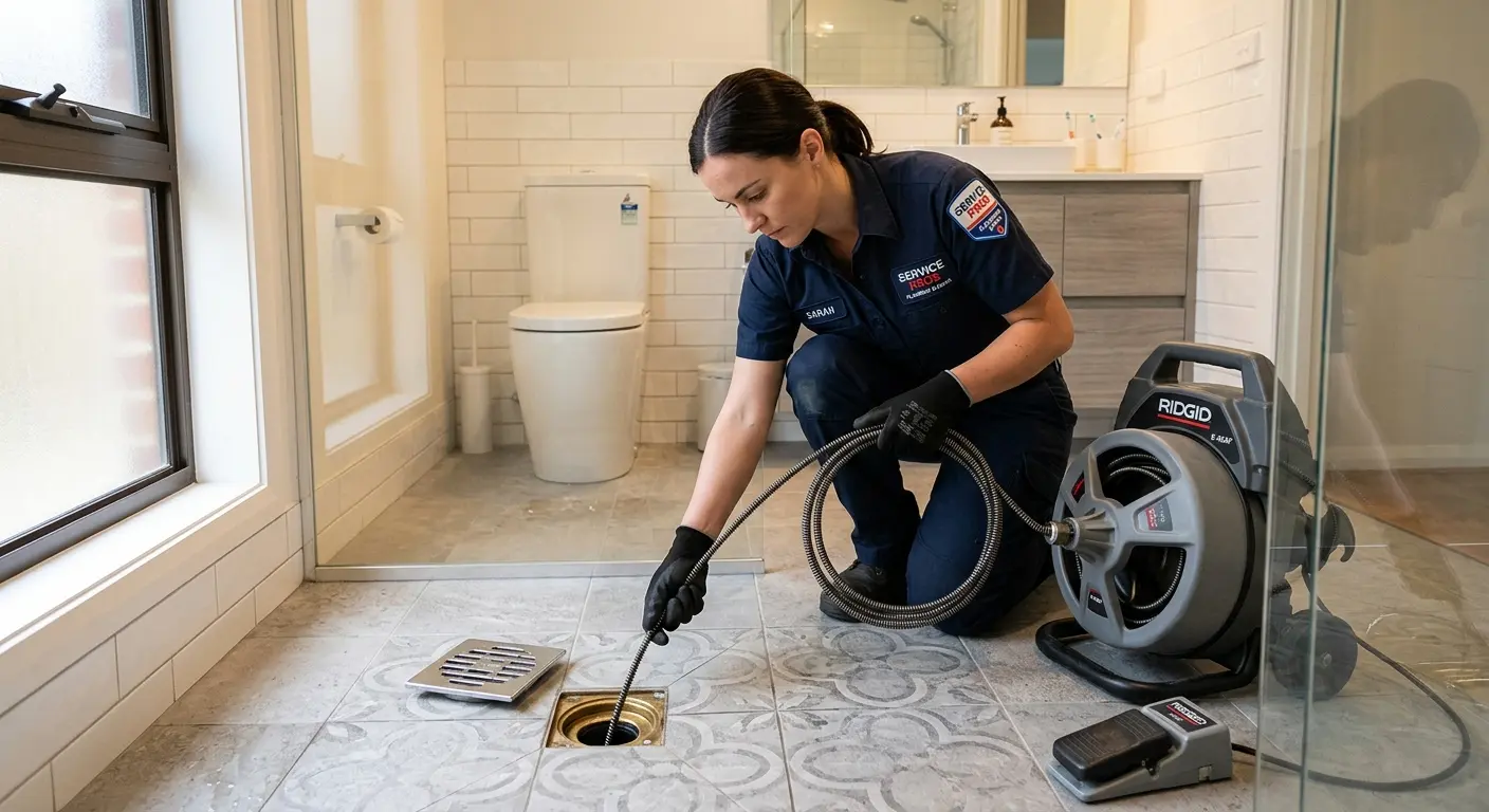 Technician clearing a bathroom floor drain for Sewer Line Replacement in Fort Oglethorpe